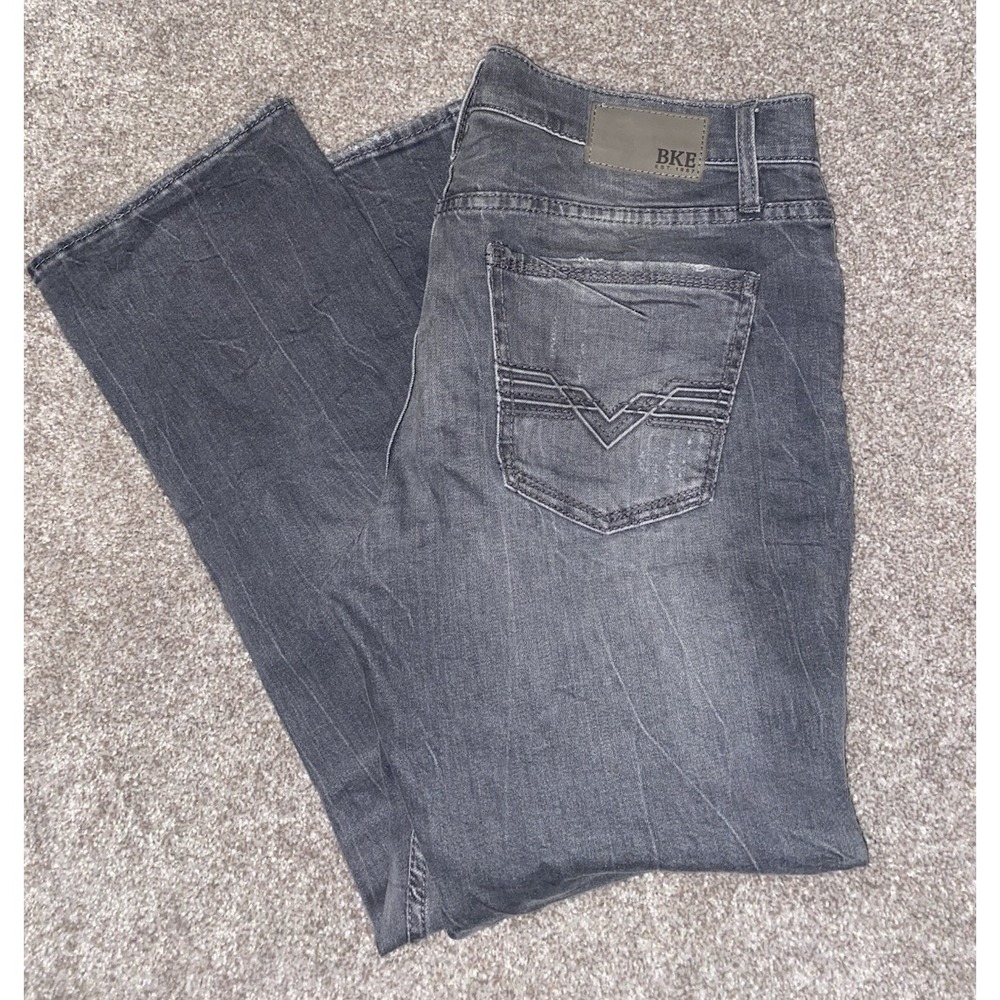 BKE Jake Straight Jeans Mens 38x30 Gray Distressed Stretch Y2K Hipster Trendy